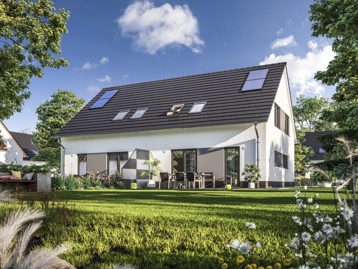Moderne Doppelhaushälfte mit Garten und Terrasse als Beispiel für komfortables Wohnen mit AN Massivhaus