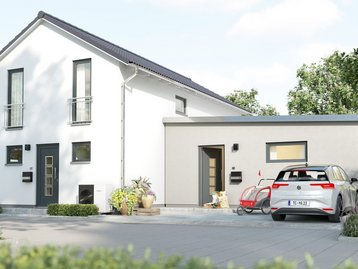 Modernes Einfamilienhaus mit heller Fassade, Garage und Stellplatz