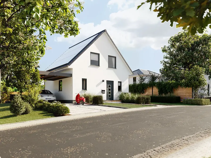 Straßenansicht des Raumwunder 90 mit Eingangsbereich, Carport und gepflegtem Vorgarten bei Tageslicht