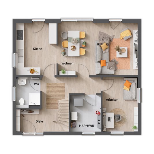 Flair 134 Erdgeschoss Grundrissvariante 5 mit außergewöhnlichem Eingang Erdgeschoss des Flair 134 mit außergewöhnlichem Hauseingang an der Traufe und großzügiger Garderobe